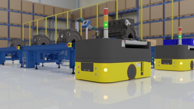 The AGV (Automated guided vehicle) is carrying parts in smart factory. 3D illustration