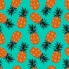 Seamless pattern with pineapples, hand-drawing doodling, blue background. For textile backdrop background cover packaging banner. Vector illustration