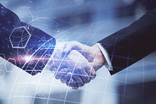Double exposure of world map hologram and handshake of two men. International partnership concept.