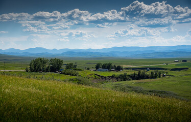 A ranching farm along the Eastern slopes of the Canadian Rocky Mountains and future coal mining development.