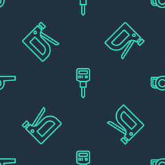 Set line Construction jackhammer, stapler and Leaf garden blower on seamless pattern. Vector