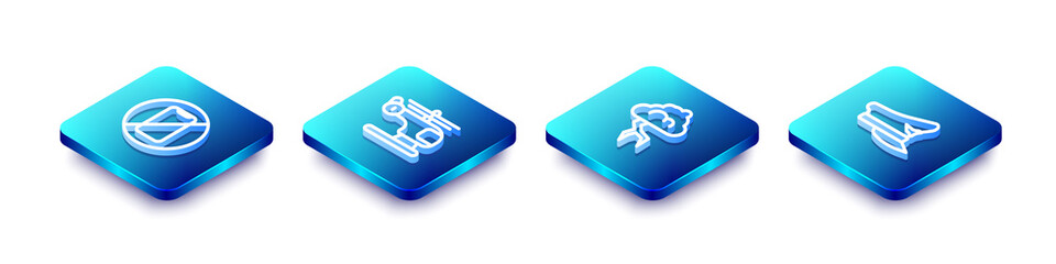 Set Isometric line No cell phone, Helicopter, Storm and Pilot hat icon. Vector