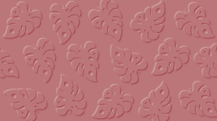Monstera leaves papercut abstract pink background.