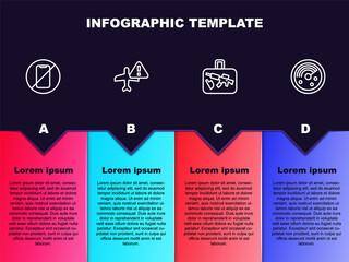 Set line No cell phone, Warning aircraft, Suitcase and Radar with targets monitor. Business infographic template. Vector