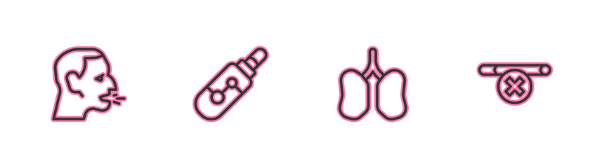Set line Man coughing, Lungs, Electronic cigarette and No smoking icon. Vector