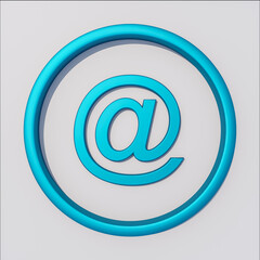 Close up front view of blue metallic icon at sign @ on white background.