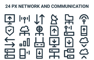 Fototapeta na wymiar linear pack of 24 px network and communication line icons. simple web vector icons set such as cloud upload, database, router, folder, data transfer. vector illustration.