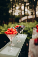 setting the wedding table with fruit in the garden