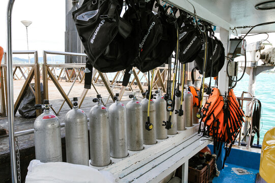Diving equipment in a row. February 20, 2012. Phuket, Thailand