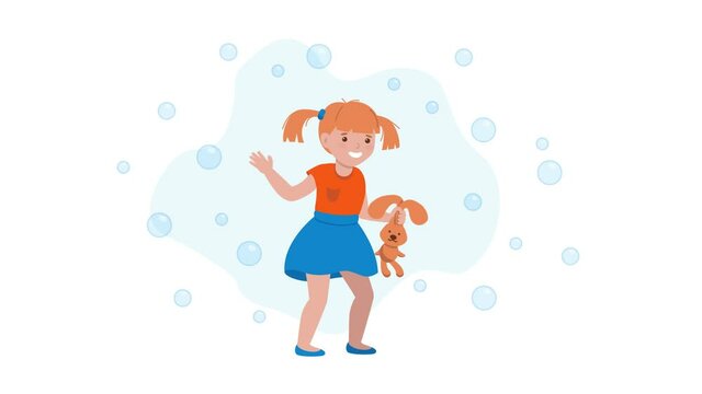 A little girl is cheerful with a toy bunny in her hand , soap bubbles are flying around her . Animation of the illustration .