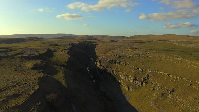 gordale scar near malham at yorkshire dales national park aerial drone shot