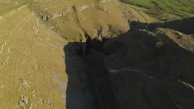 gordale scar near malham at yorkshire dales national park aerial drone shot