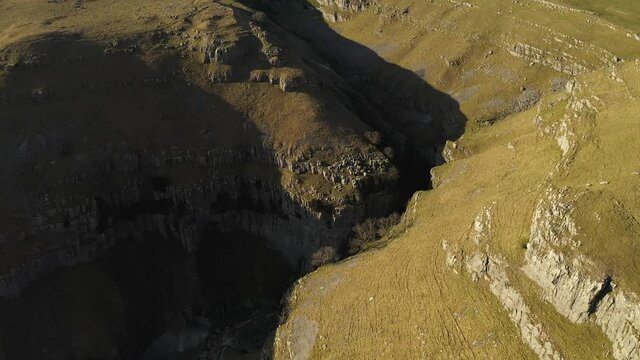 gordale scar near malham at yorkshire dales national park aerial drone shot