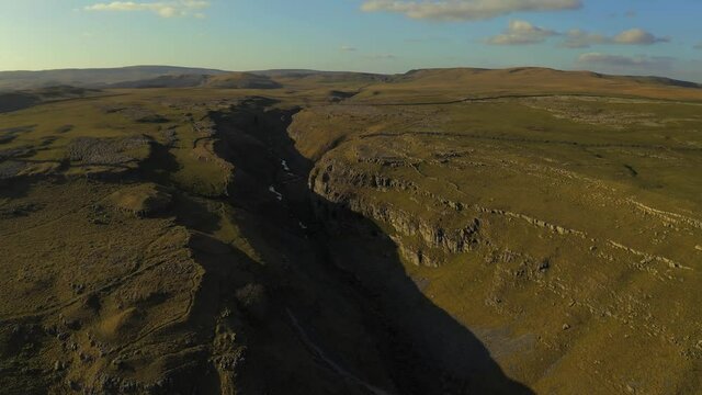 gordale scar near malham at yorkshire dales national park aerial drone shot