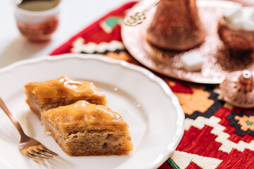 Bosnian and Turkish dessert called Baklava served in a traditional way with coffee