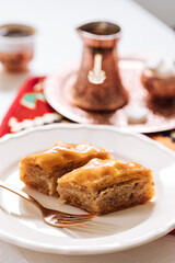 Bosnian and Turkish dessert called Baklava served in a traditional way with coffee