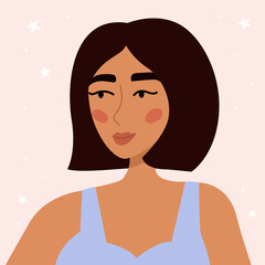 Avatar of a beauty young woman on pink background. Cartoon character. Flat style vector illustration.