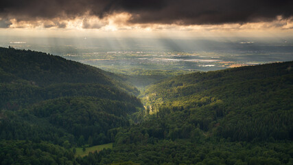 The sun shines on the Waldprecht Valley in the Black Forest. In the background, the Rhine plain and...