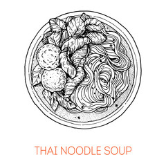 Thai noodles soup, thai food. Hand drawn vector illustration. Sketch style. Top view. Vintage vector illustration.