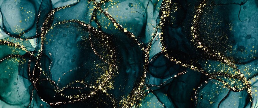 dark turquoise alcohol ink background with gold design glitter, kintsugi design, luxury liquid marble design, creative hand painted art