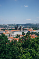 Panorama of the beautiful old town. Europe's old historic capital is surrounded by trees. Panorama of the cozy streets of the old European city.