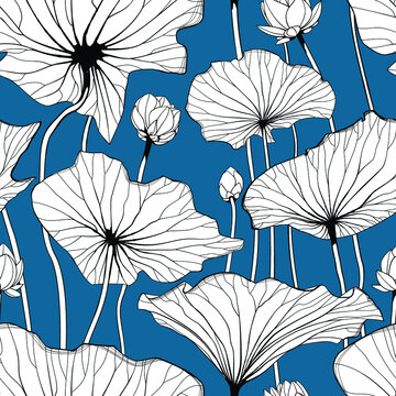 Seamless vector pattern with water lily flowers and leaves. Floral ornament. Vector illustration