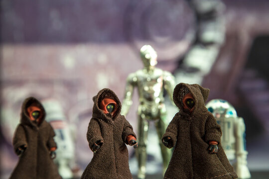 NEW YORK, USA - JUNE 12 2021:scene from Star Wars with Jawas on Tatooine selling droids  - vintage Kenner action figures