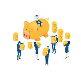 Business people working around golden pig, finance, banking, investment strategy concept. Isometric 3D business environment. Business management, savings, advising, stock market games idea