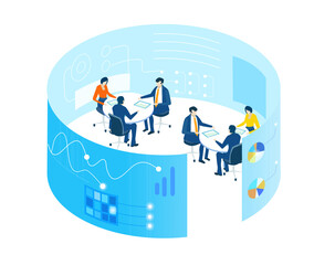 Data center concept with business people. Isometric working space, business people working together in server room, analysing data, solving problems, find solutions. Support idea
