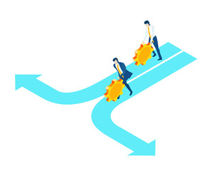 Business people rolling gears and making decision which way to go. Success, achievement,  work together as a team.  Isometric 3D business environment. Business concept illustration
