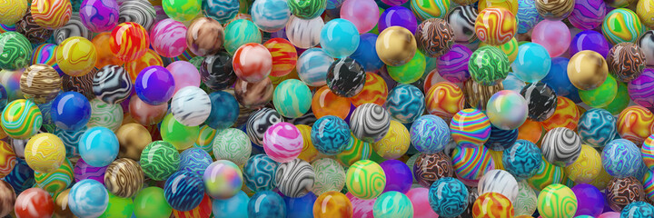 Fototapeta na wymiar Lots of colorful marble balls panoramic background