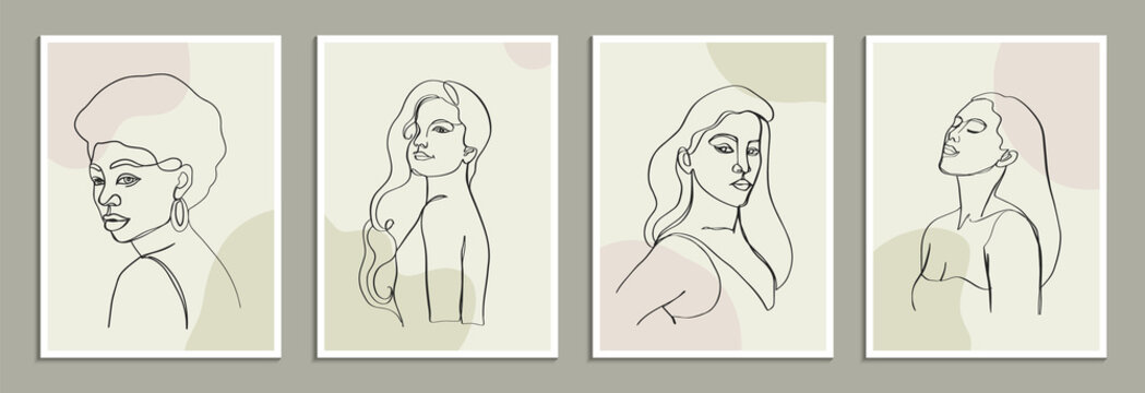 Set of posters template with minimalistic female figure. One line art female body and abstract shapes. Modern abstract line art style. Vector illustration. 