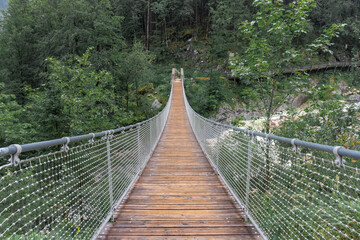 The Hangebrucke, hanging wooden bridge in the forest of Berchtesgaden National Park, Germany