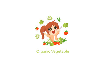 Girl happy eating organic vegetables. Vegetarian. The concept of proper nutrition and healthy lifestyle. Vector illustration in kawaii cartoon style