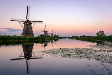 Amazing sunset over the windmills of Kinderdijk, Netherlands