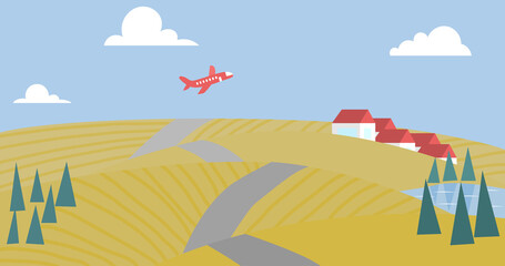 Fototapeta na wymiar Autumn landscape with gold fields,. lake, and red plane vector illustration.