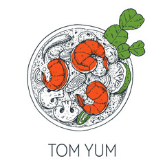 Tom yum, thai food. Hand drawn vector illustration. Sketch style. Top view. Vintage vector illustration.
