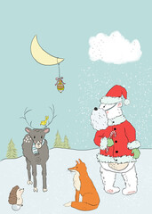 Cute children's illustration of forest animals at Christmas time. 