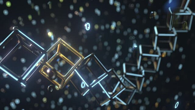 Futuristic cubic chain and binary numbers. Blockchain technology concept, 3D animation
