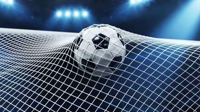 Soccer ball in the net of a goal. Soccer concept. 3d animation