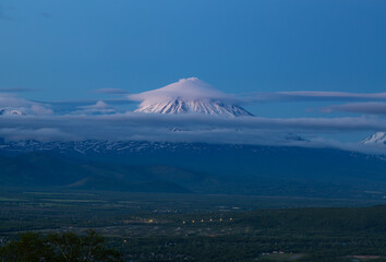 Kamchatka, twilight over the Koryaksky volcano