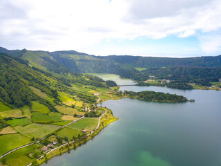 Fototapeta premium Aerial drone shot of sete cidades lakes in Sao Miguel, Azores.