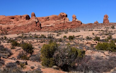 undulating geological strata in rock formations on a sunny day  in arches national park, near moab,...