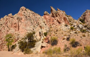 Fototapeta premium dramatic pink rock formations on a sunny day while hiking hackberry canyon off cottonwood canyon road in grand staircase escalante in southwestern utah, near kanab