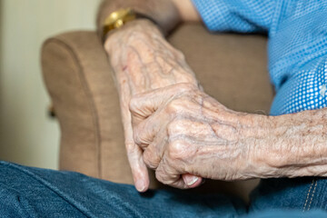 Closeup view of the old hands of an elder man 