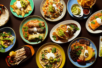 Typical mexican food, tacos, tamales, guacamole, tostadas, fajitas, top view on wooden background