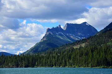 the spectacular peaks,  lake,  and forests  of glacier national park, as seen from the  boat ride...
