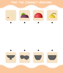 Find the correct shadows of cartoon fruits. Searching and Matching game. Educational game for pre shool years kids and toddlers