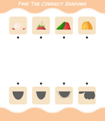 Find the correct shadows of cartoon fruits. Searching and Matching game. Educational game for pre shool years kids and toddlers