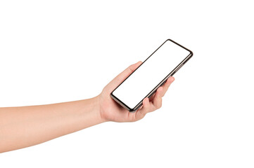 Woman hand holding mobile phone on white background.